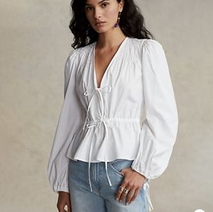 Polo by Ralph Lauren Smocked Drawstring-Peplum Cotton Top white NWOT